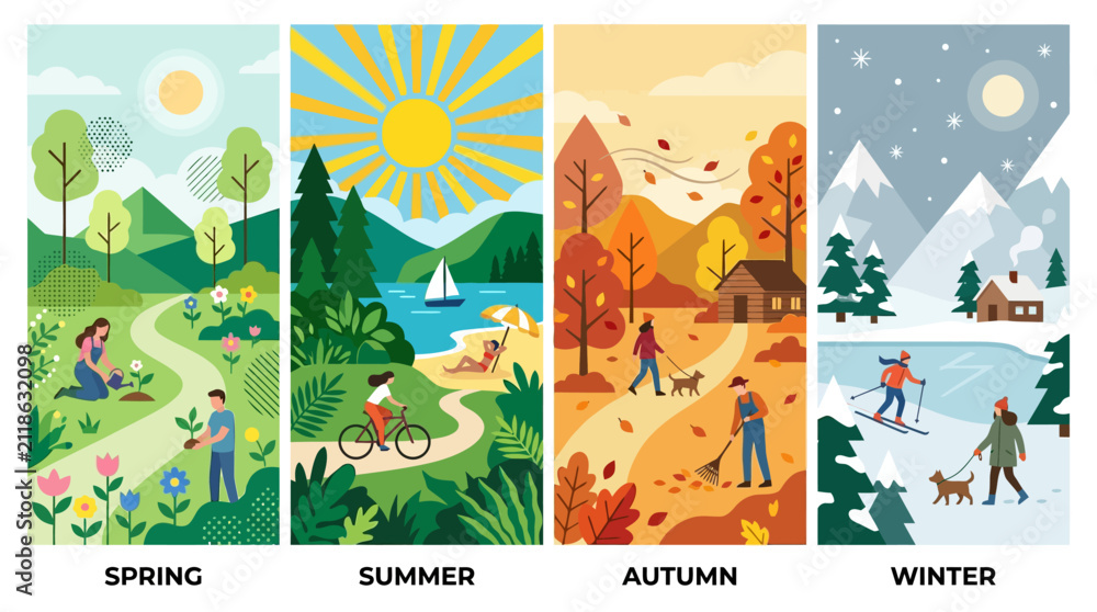 Fototapeta premium Four distinct seasonal panels display people engaging in outdoor activities across a changing natural environment.