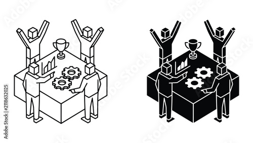 Isometric business team celebrating success and productivity achievement