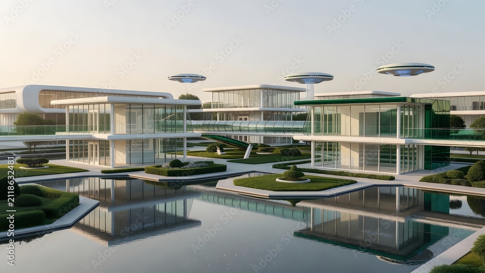 Fototapeta premium Futuristic sustainable city with advanced architecture and flying vehicles gliding gracefully over tranquil water features.