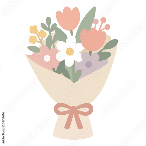 Hand-traced pastel floral bouquet wrapped in cream paper with a soft coral ribbon bow, charming vector illustration icon for spring celebrations and gifts