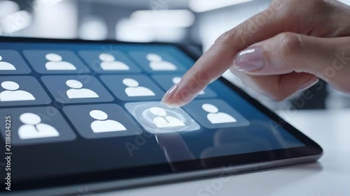 Person finger touching user profile icons on a digital tablet screen in a modern office