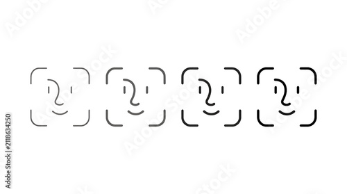 Facial recognition scan icons in various line weights for biometric security, identity verification and digital access