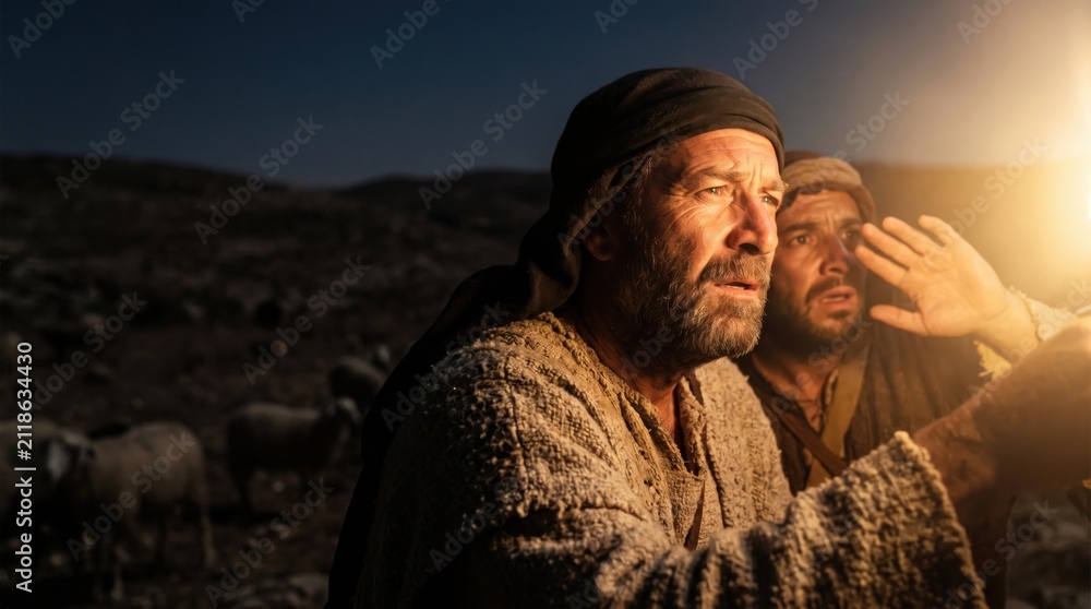 Fototapeta premium Shepherd looking at the sky reacting with amazement to the divine light manifestation in the night. Nativity scene with man experiencing the angel announcement on the biblical field.
