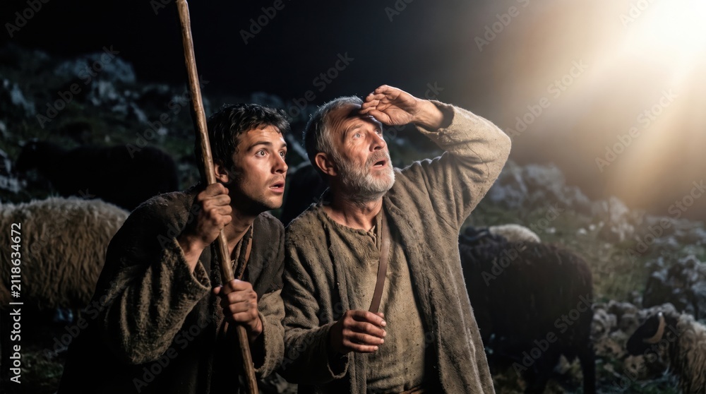 Fototapeta premium Shepherd man and adult man looking in awe at divine light from night sky. Biblical scene with shepherds witnessing nativity announcement. Ancient Israel religious nativity story event.