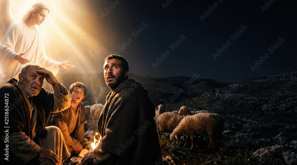 Obraz premium Angel appearing to shepherds in the field at night with sheep. Biblical scene from the Gospel of Luke narrates the announcement of the birth of Jesus. Religious Christmas concept.