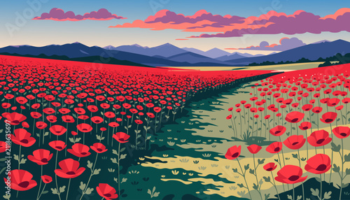 Very beautiful colorful realistic vector of an endless field of brilliant red poppies illuminated by golden sunset light beneath a colorful evening sky with distant mountains and peaceful countryside 
