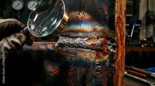 Welding Inspection: Worker Examining Metal Weld Seam with Magnifying Glass in Rusty Industrial Workshop Setting