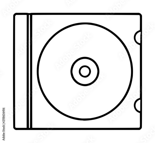 Hand-drawn black outline vector icon illustration of a classic compact disc case featuring a circular optical disc with center hole, spine binding edges, and side hinge details on plain background,