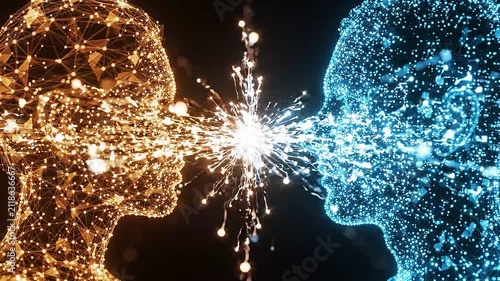 Two human head profiles made of digital circuit board lines facing each other on black background