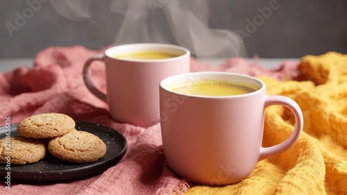 Two warm mugs of golden turmeric latte with fresh cookies on a soft pink and yellow fabric cloth