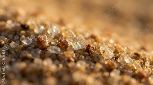 Macro Close-Up Shot of Sunlit Beach Sand Grains Showing Glittering Quartz Crystals in Warm Golden Light