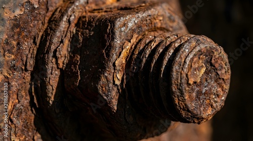 Closeup view of heavily rusted metal bolt on corroded pipe texture surface showing industrial decay and oxidation.