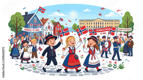 Joyful Norwegian National Day Parade with Children in Traditional Costumes