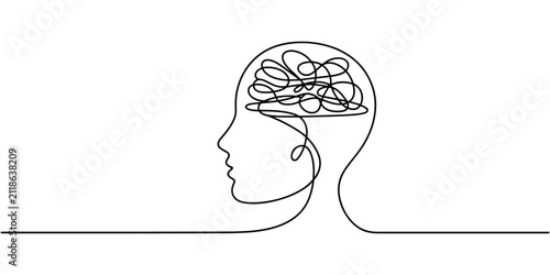 Quadro su tela Continuous one line drawing of tangled line inside a human head gradually becomi