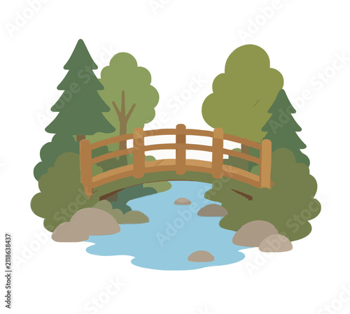 Hand-drawn vector icon illustration of a charming wooden arched bridge crossing over a gentle forest stream, surrounded by lush green pine trees, leafy bushes, and scattered river stones in a serene