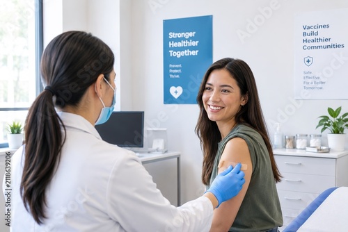 Patient smiling after vaccination with healthcare professional in clinic, public health posters and preventive medicine concept