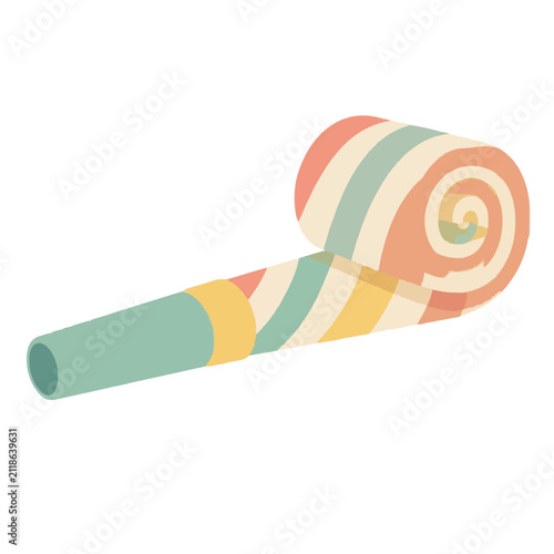 Pastel striped party blower horn with curled paper spiral tip, flat vector illustration isolated on white background for festive celebration