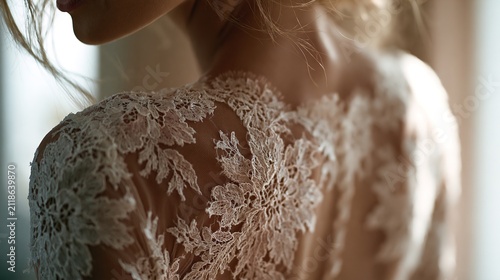 Close-up of intricate lace detail on a wedding dress with soft natural light
