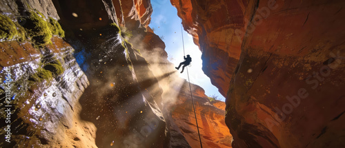 Man rappelling down a canyon in silhouette, an adventurer canyoneering through desert slot canyon. Extreme outdoor recreation adventure travel.
