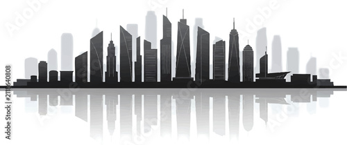 Modern city skyline silhouette at dusk with reflection. Minimalist urban landscape vector illustration for business and travel designs.