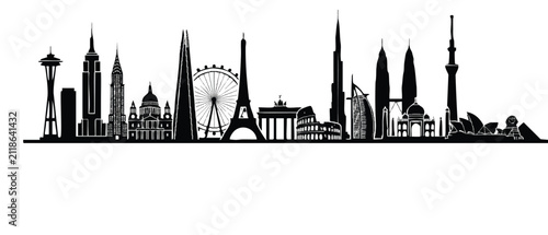 Famous global landmarks city skyline silhouette vector illustration. Minimalist iconic world architecture outline for design and travel projects.