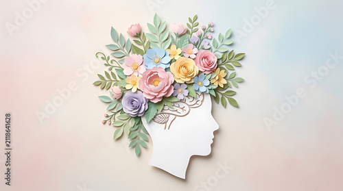 Creative Mind Silhouette with Paper Flowers: Mental Health, Positive Thinking, and Growth Concepts for Wellness Design