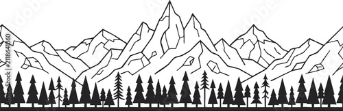 Alpine mountain landscape border with rocky peaks and pine trees. Scenic nature frame illustration for travel brochures and outdoor branding.