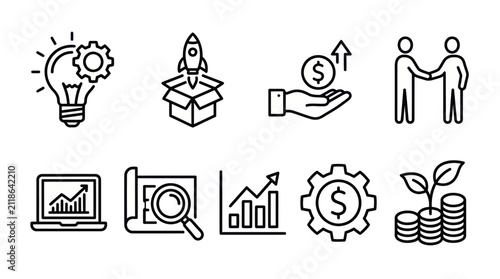 Business startup growth and financial investment line icons.