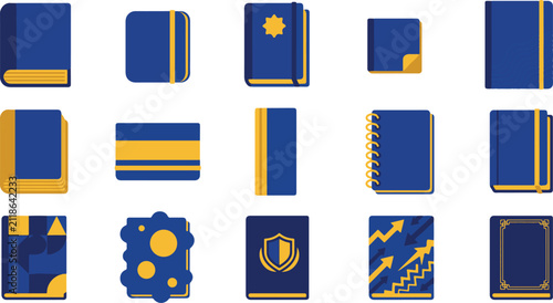 Set of blue and gold notebook icons for teacher's day celebration and academic school supplies design elements