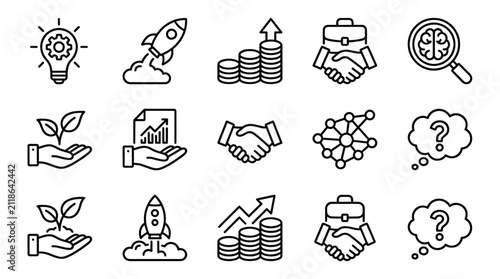 Business growth and creative startup icon set.