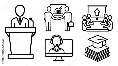 Business leadership team collaboration and education icon set.