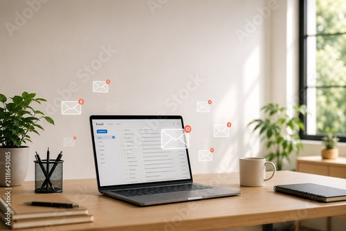 Bright home office laptop with floating email notification icons, clean desk with plants and coffee, digital inbox management concept