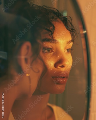 Close-up portrait of young woman gazing through a window with warm golden light and reflective glass