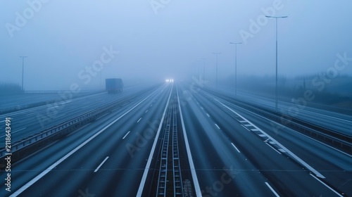 Long-exposure multi-lane motorway at night with streaking vehicle light trails, dense fog and vanishing-point perspective