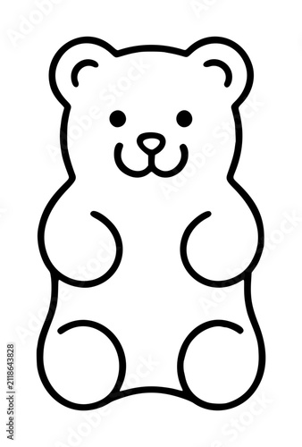 Cute gummy bear hand-traced vector icon illustration, charming candy mascot outline with simple smiling face, rounded ears and plump body in minimalist line art style