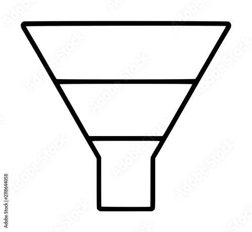 Hand-drawn black outline funnel chart vector icon with three tapering horizontal segments descending into a narrow rectangular spout, ideal for marketing and conversion infographics