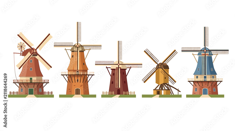 Obraz premium Traditional Dutch windmills vector set, vintage European wind mill icons, flat design rustic farm buildings for travel and tourism graphics