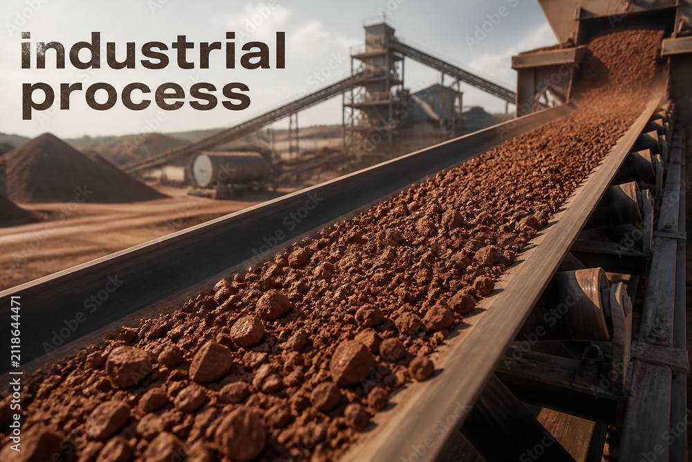 Fototapeta premium Conveyor belt transporting brown granular material in an industrial setting.