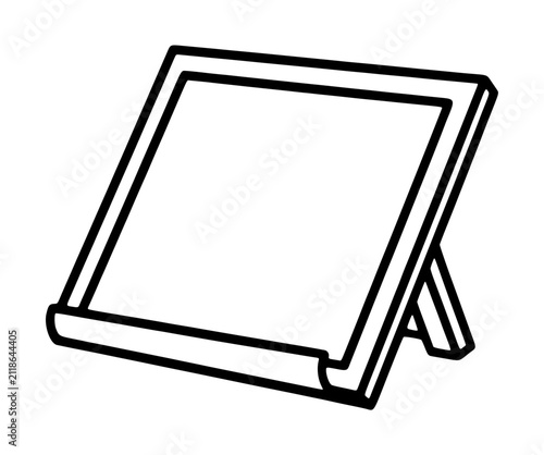 Hand-drawn black line illustration of a blank picture frame standing on a triangular easel back, simple vector icon style sketch with clean outline, isolated on white background, versatile graphic