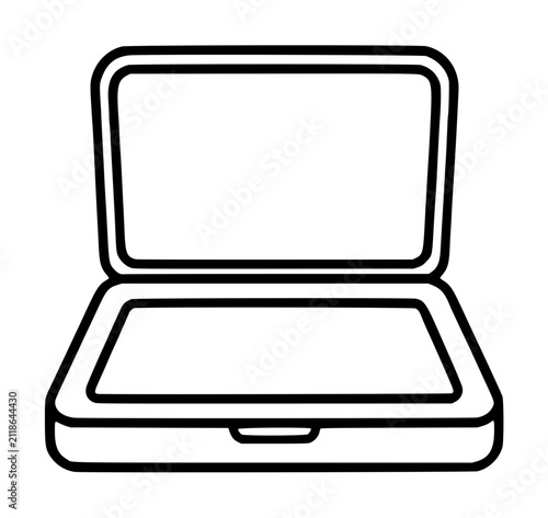 Hand-drawn open laptop vector icon illustration with simple ink pad outline, minimal black line art on white background, isolated portable computer graphic for digital workspace and technology themes