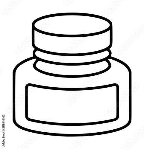Hand-drawn ink well container vector icon, minimalist line illustration of a vintage glass ink bottle with a wide screw cap and blank label panel, monochrome outline drawing on white background,