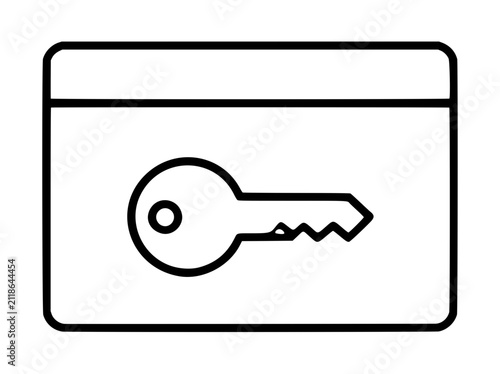 Minimalist hand-drawn vector line icon of a classic metal key centered inside a rectangular key card outline, perfect for access, security, or identification design projects and user interface