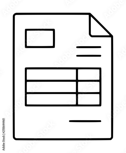 Minimalist hand-traced vector icon of a paper invoice document featuring a folded corner, header block, itemized table rows, and total line, isolated outline illustration on white background