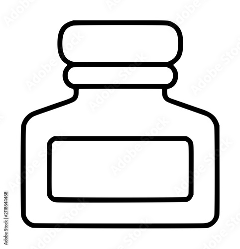 Hand-traced black inkwell jar vector icon, minimalist line drawing of vintage writing bottle with blank label area for editorial and stationery designs