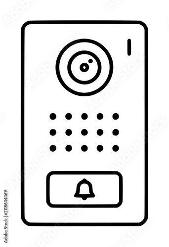 Hand drawn black outline intercom buzzer icon featuring circular speaker dial, dotted speaker grid, and bell button, simple line vector illustration of door entry communication device