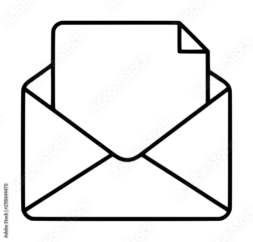 Open envelope with blank paper letter inside, hand-drawn minimalist black outline vector illustration for correspondence and messaging