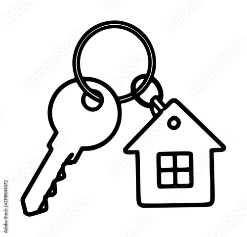 Hand-drawn vector illustration of a classic key linked to a house-shaped keychain, isolated on white background, real estate and security concept, monochrome line art