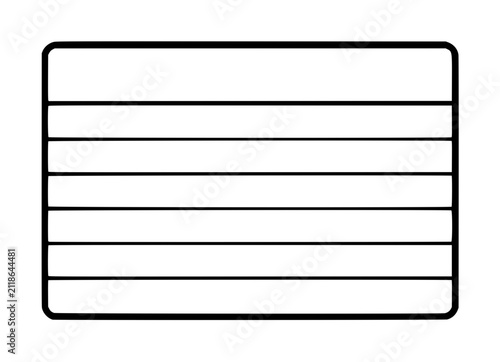 Hand-traced black outline index card vector icon with horizontal ruled lines, minimalist line art illustration for notes, lists, and stationery design