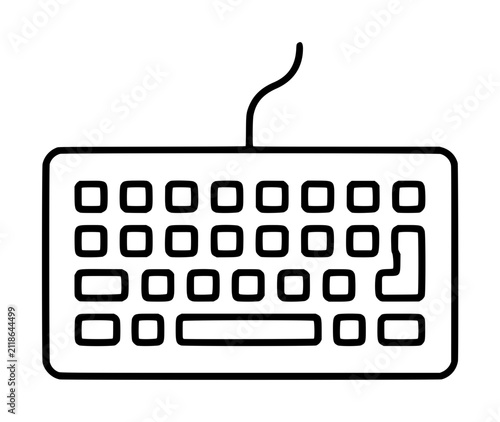 Hand-traced vector icon illustration of a classic wired computer keyboard with rectangular keys arranged in rows and a curly cable extending upward on a clean white background