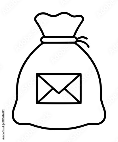Hand-traced vector icon of a tied mail sack with an envelope label, simple black outline illustration on white background, postal and delivery concept graphic resource for design projects